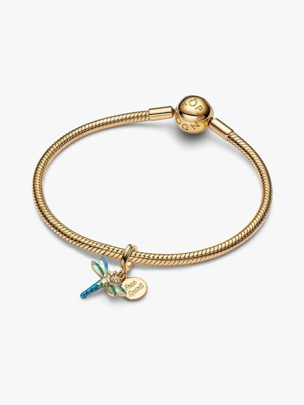 Pandora Gold Dragonfly Charm Bracelet with Blue-Green Accents